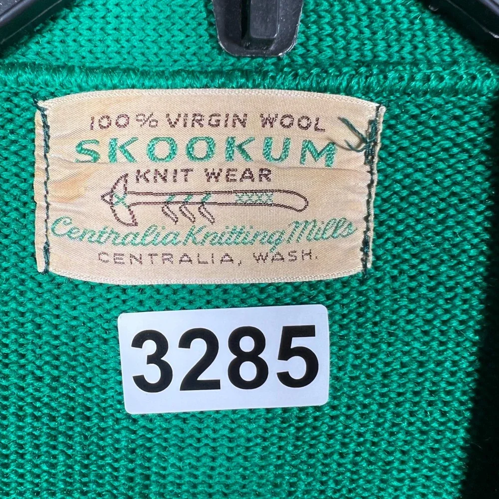 VTG Skookum Centralia Knitting Mills Green‎ Wool Varsity Cardigan Sweater S 60's
